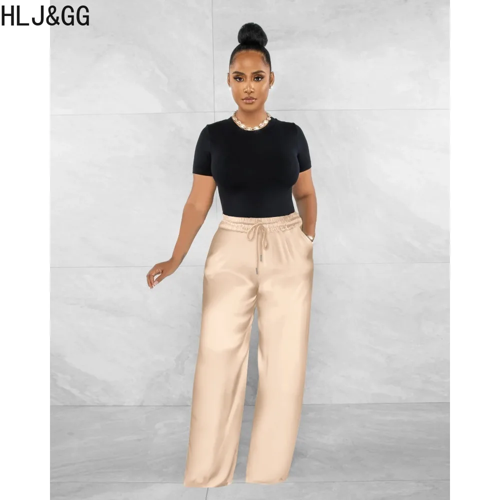 HLJ&GG Autumn Winter Casual Solid Color Wide Leg Pants Women High Waisted Drawstring Pants Female Pocket Matching Bottoms 2023