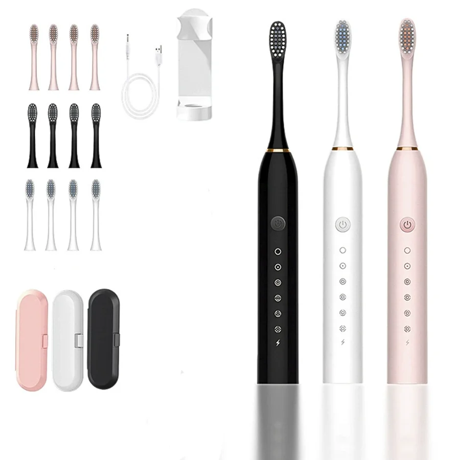 성인용 소닉 전동 칫솔 IPX7 방수 듀폰 브러시 헤드 포함 USB 충전식 고주파 청소 6가지 모드