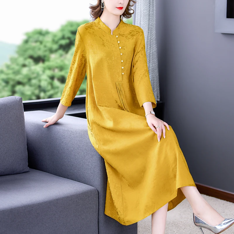 

2023 new temperament casual dress large size women's mulberry silk skirt thin printed dress women loose improved cheongsam dress