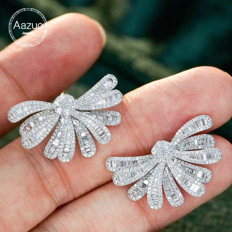 Aazuo Real Jewelry 18K  White Pure Gold Natrual Diamonds 1.90ct Irregular Flowers Stud Earrings Gifted For Women Senior Banquet