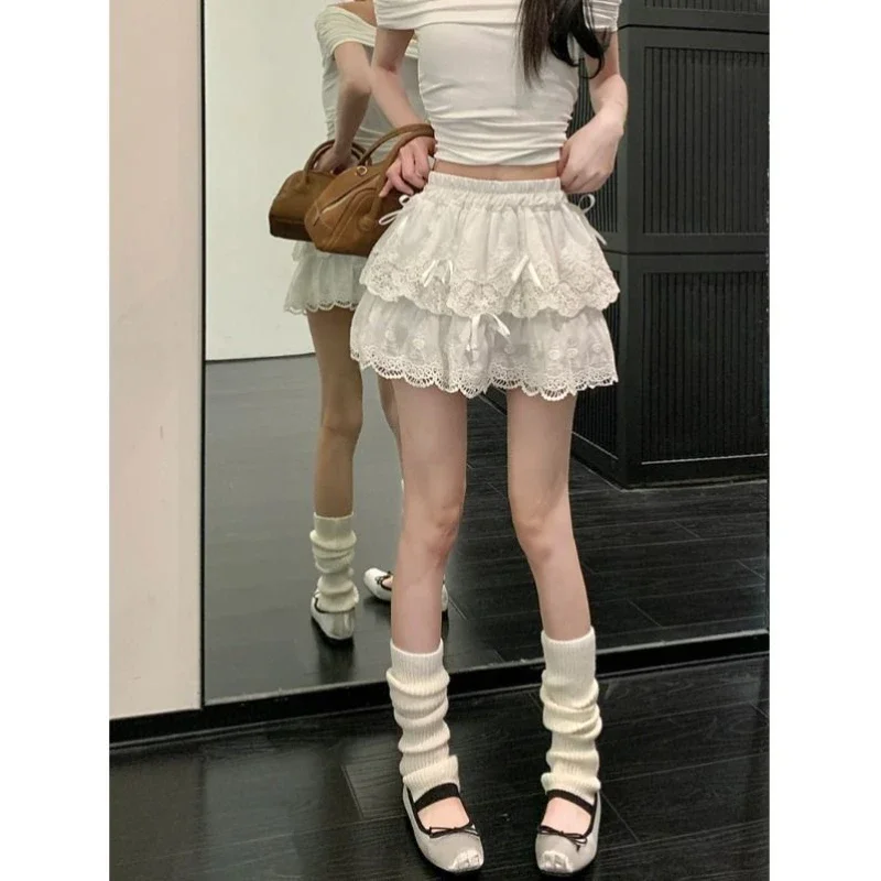 Deeptown Coquette White Lace Short Skirt Ruffle Women Sweet Bow Kawaii Mini Skirts Patchwork Layered A-line Aesthetics Skirt 5