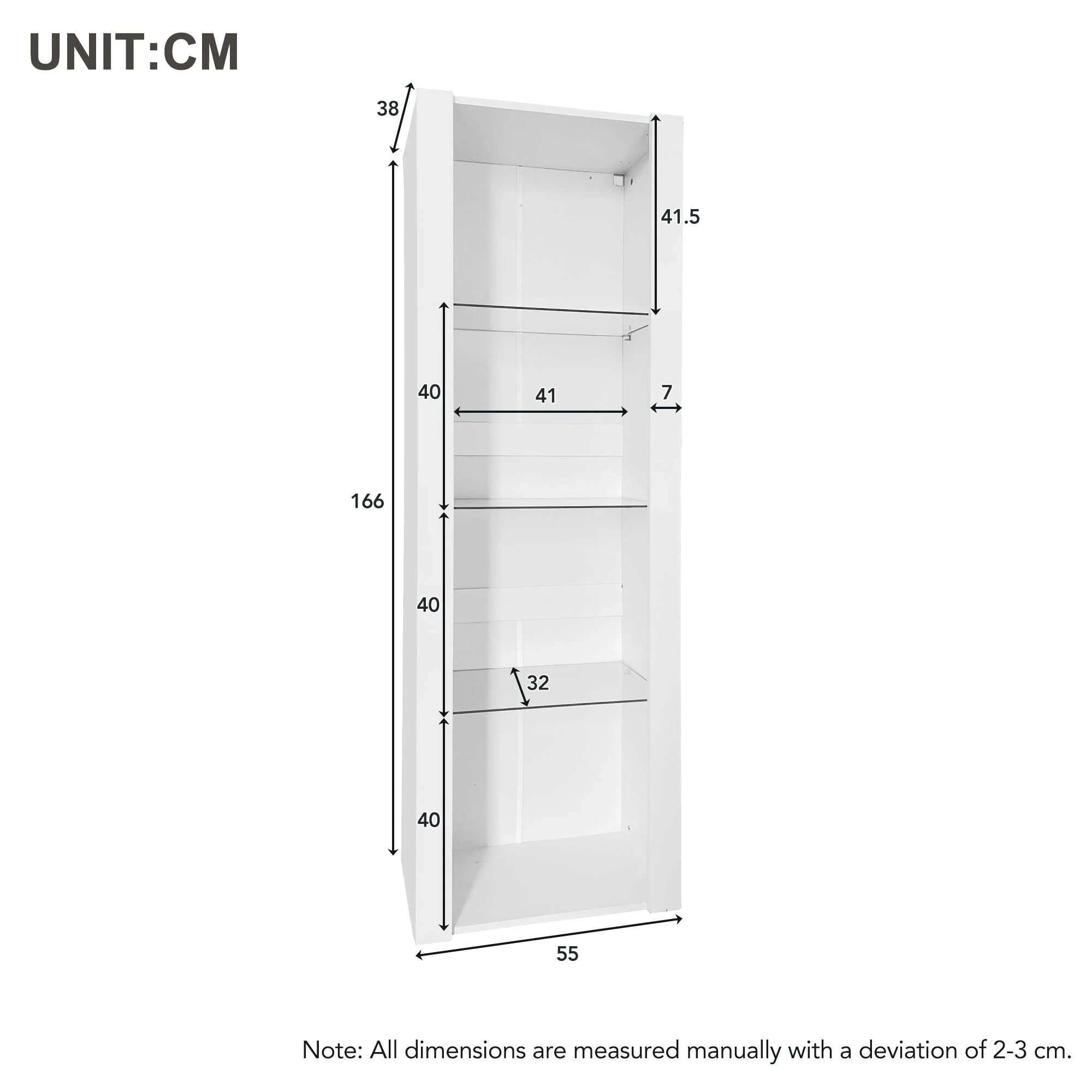 KOMHTOM Hochglanz-Vitrine 55x38x166 cm mit LED-Beleuchtung, 3 Glasböden, geeignet als Standvitrine, Hochschrank oder Lagerschran – Detail 12