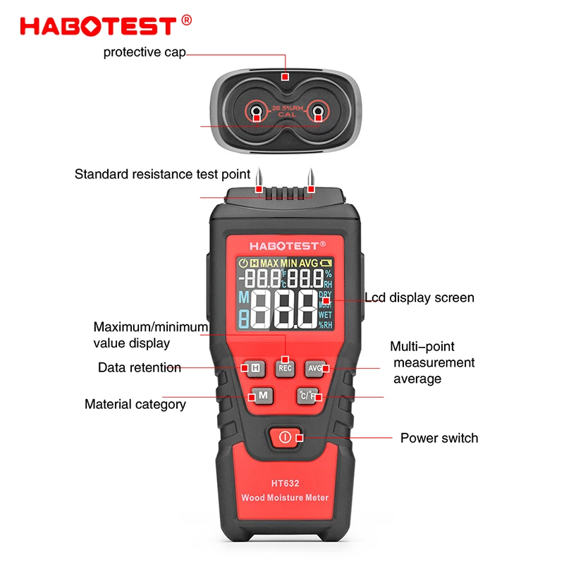 Wood Moisture Meter HT632 Wood Moisture Meter Wall Water Tester Digital Humidity Meter HABOTEST Two Pins Hygrometer Concrete Cement Brick Detector