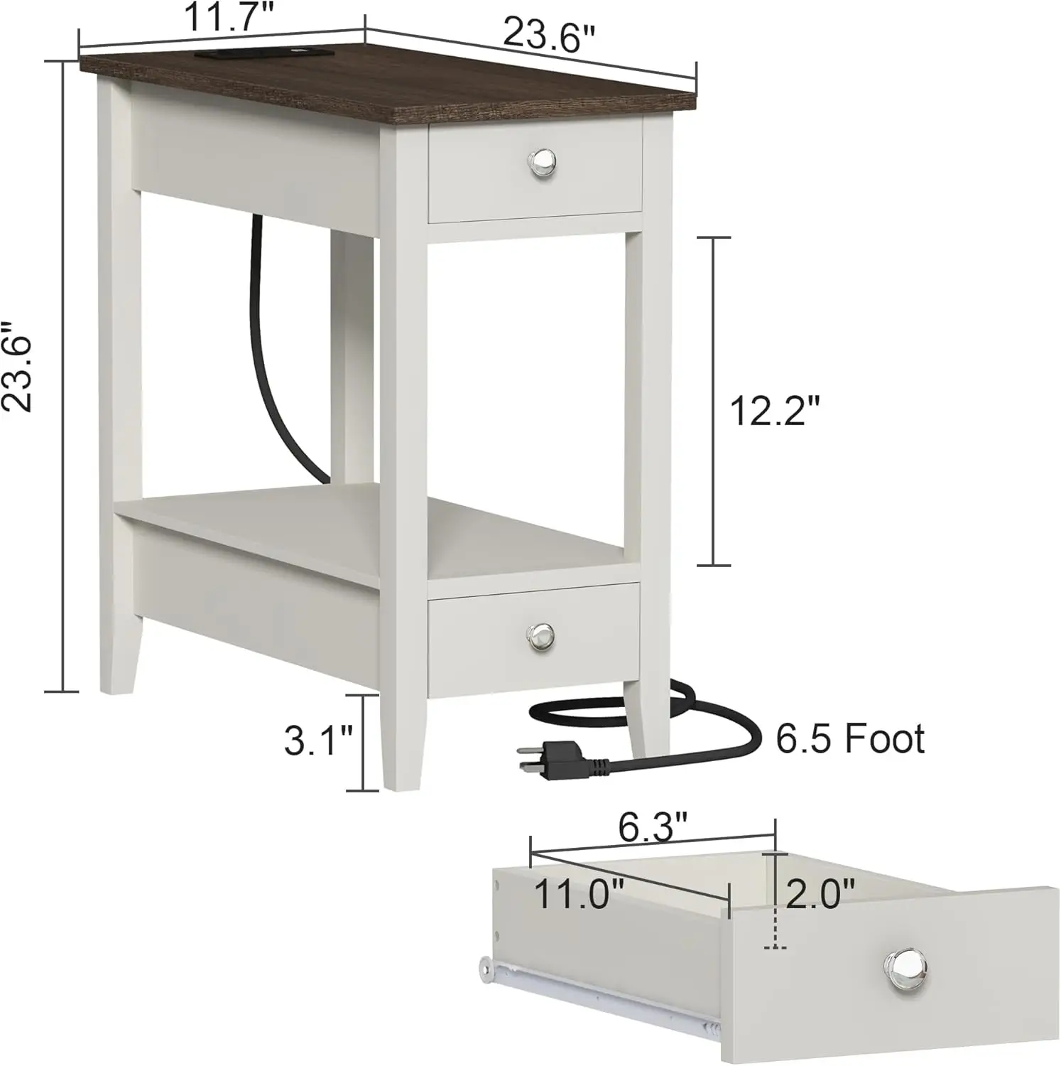 Farmhouse End Tables Living Room Set of 2, Narrow Side Table with Charging Station, White Sofa Bedside 3