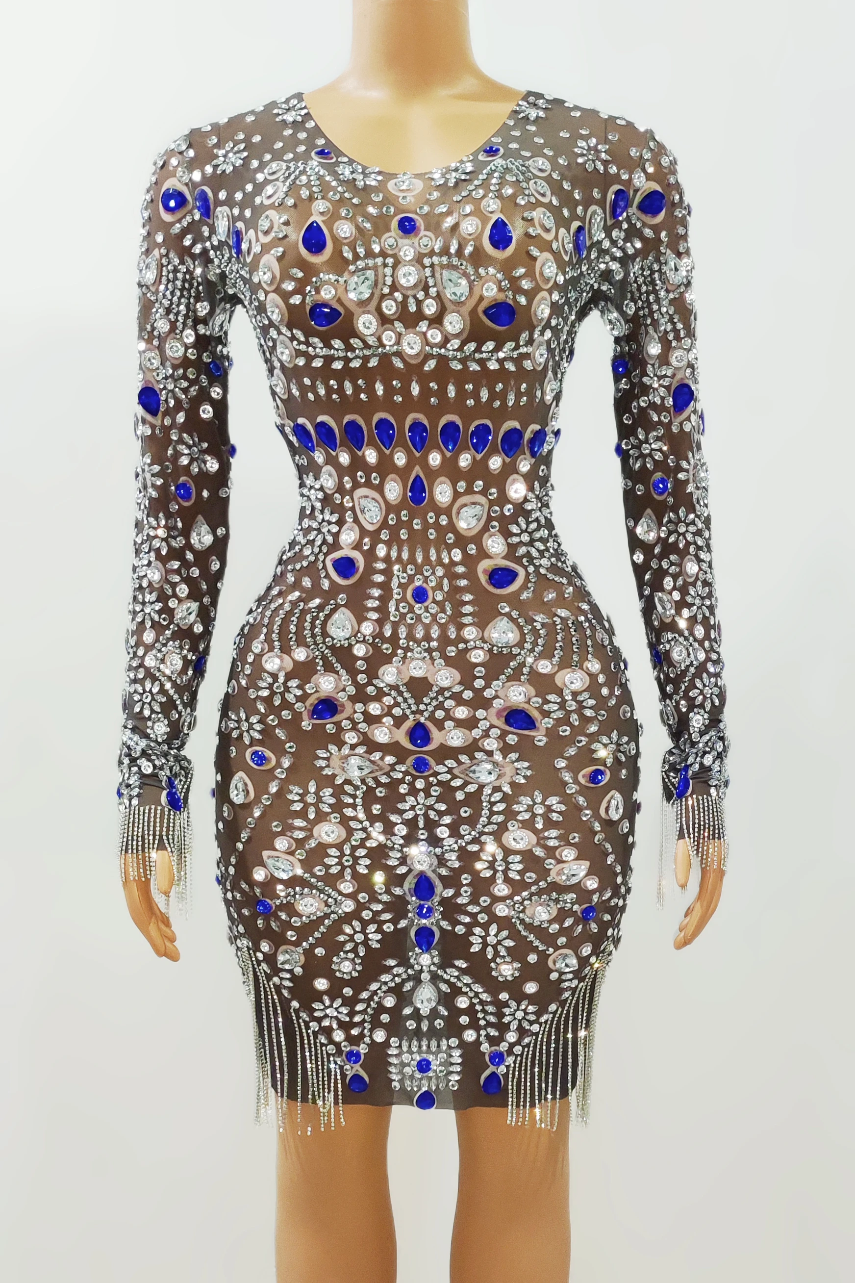 

8 Colors Stones Mesh Transparent Dress Evening Birthday Celebrate Costume Female Singer Prom Performance Dress wumei