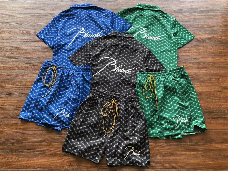 

2023ssEmbroidery Rhude Shirts Men Women Patchwork Triangle Plaid Heavy Fabric Loose Short Sleeve Shirt gym