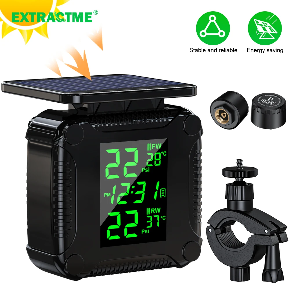Motorcycle Tire Pressure Monitor Extractme TPMS Motorcycle Tire Pressure Monitoring System LCD Display Solar Charging Waterproof