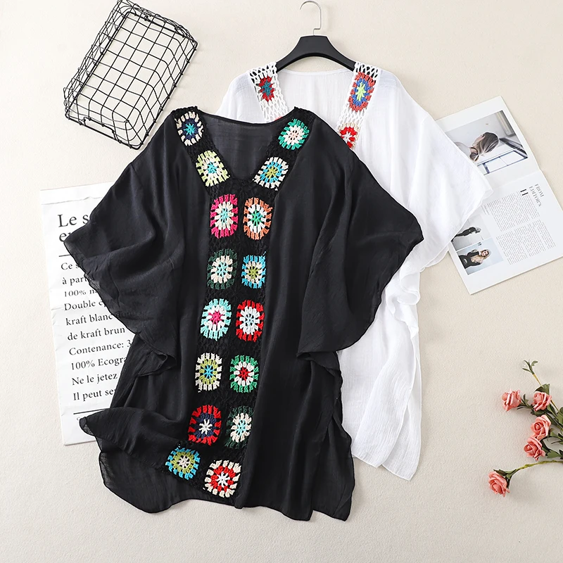 

Pullover Oversize Women V Neck Batwing Sleeve Hook Flower Hollow Pullovers Bohemian Hollow Out Sunscreen Tops Summer Dropship