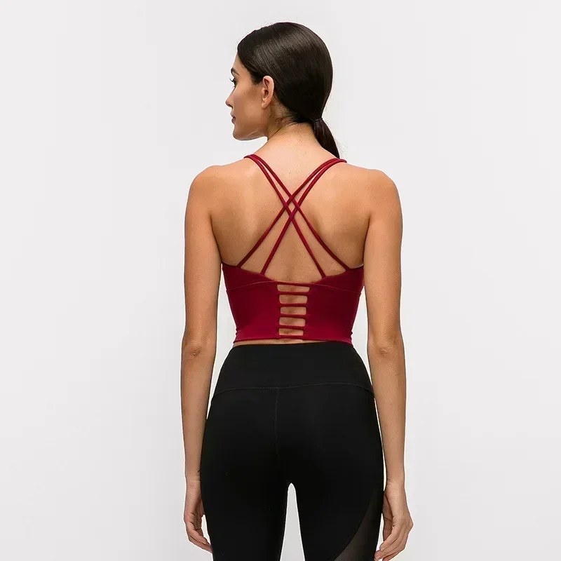 Lemon Sexy Strappy Back Sports Bras Padded Crisscross Backless U-neck Cropped Yoga Bras Workout Clothes for Women Gym Tank Top