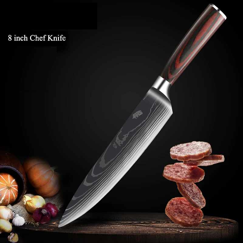 Chef Knife Set 7CR17MOV Stainless Steel Laser Damascus Pattern Japanese Kitchen Cleaver Utility Slicing Santoku Knife with Cover 