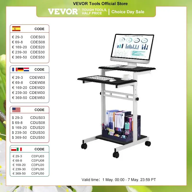 

VEVOR Mobile Standing Desk Rolling Laptop Desk W/ 3 Shelves 34-47in Adjustable Height W/ 360° Rotation Wheels for Home Office