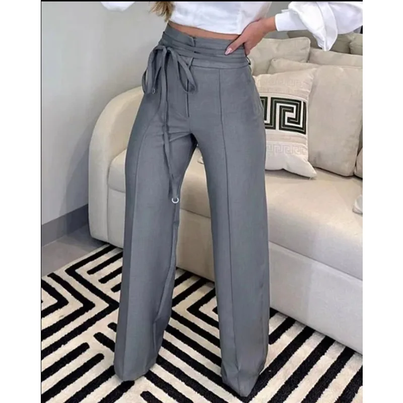 

New Women's Casual Straight Leg Work Pants Temperament Commuting Woman Office Ladies Lace Up Design Fashion Trousers