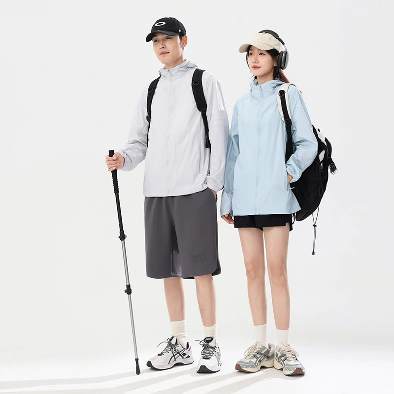 JNLN 남녀공용 바람막이 하이킹 등산 캠핑 자외선 차단 재킷, 빠른 건조 숨겨진 모자, 경량 코트, 여름