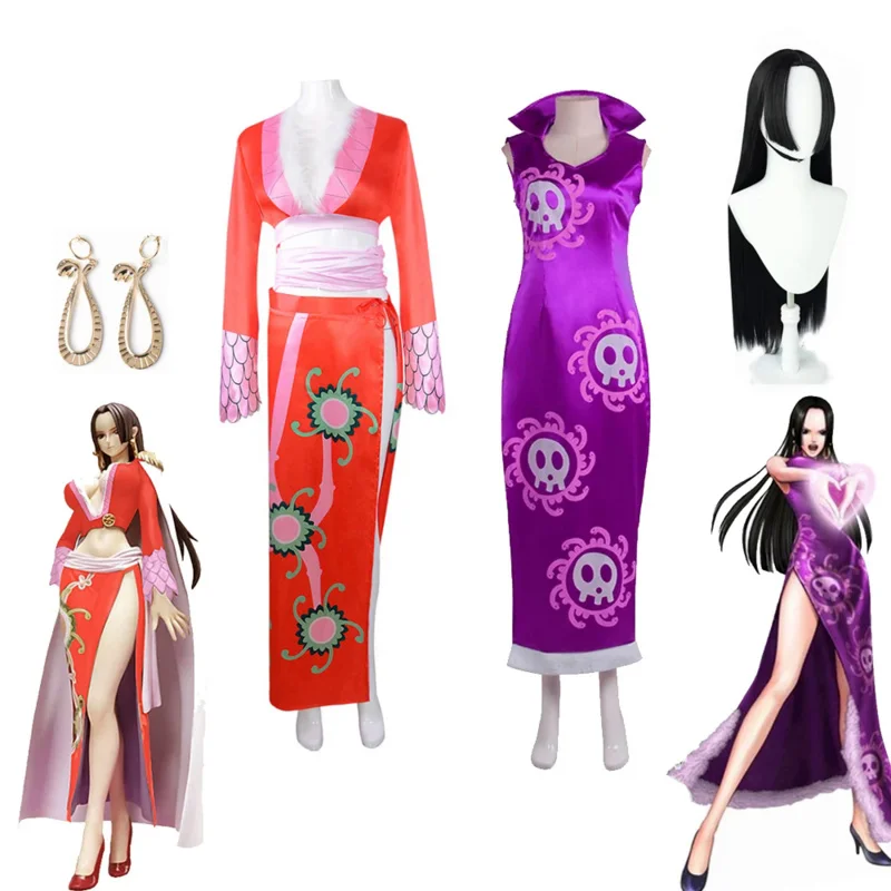 

Anime Boa Hancock Cosplay Costume Sleeveless Long Purple Dress Earrings Halloween Carnival Cheongsam Set Outfits Role Play