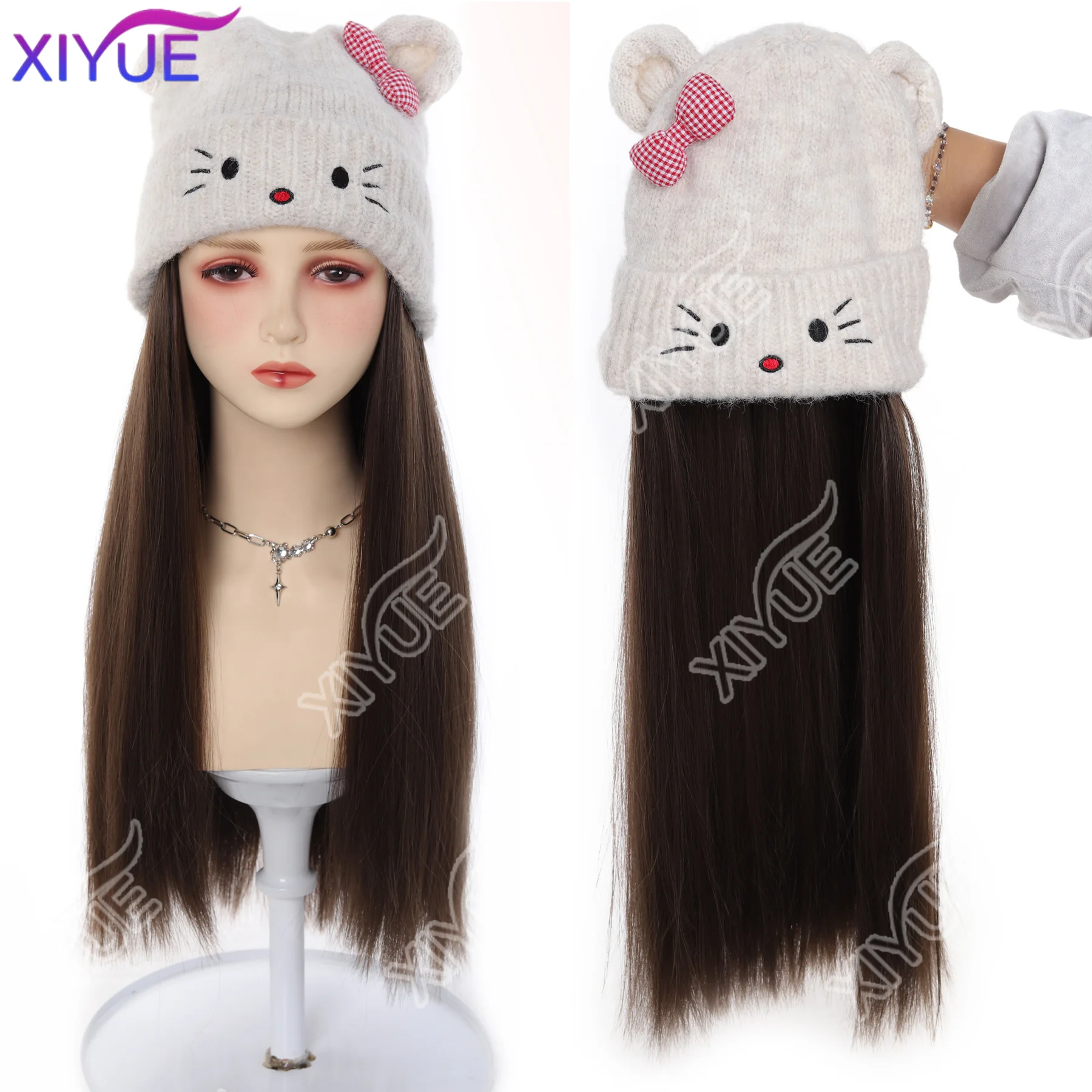 XIYUE Synthetic Long straight hair Cat Ear Lovely Bow Style Winter Knitted Hats Wig Hair Extension heat-resistant For womendaily