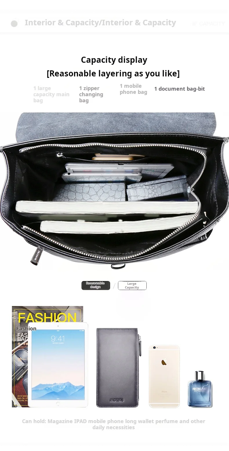 حقيبة ظهر عصرية من جلد البقر الطبيعي متعددة الاستخدامات للرجال، حقيبة أعمال أنيقة بحمالتين للكتف باللون الأسود