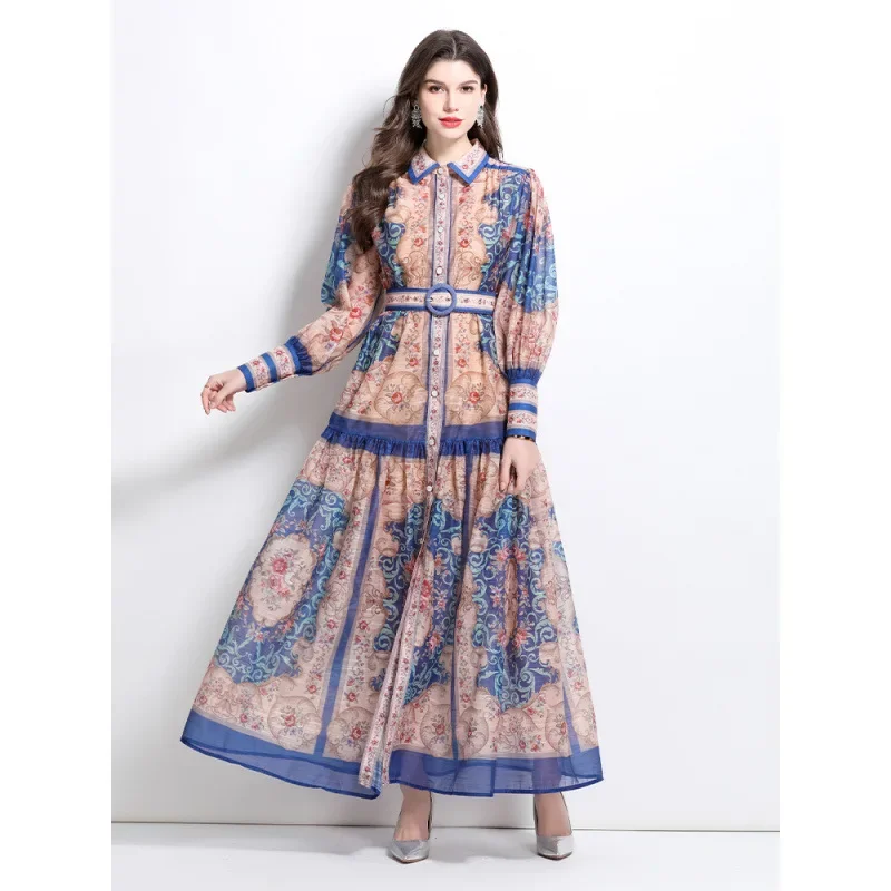 فستان مُزين بطباعة طويلة أنيقة مع حزام الخصر وزر واحد النمط الكلاسيكي ربيع جديد 2025 موضة المشاعر الراقية جلطة المرأة