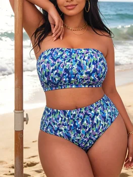 0XL-4XL Two-pieces Bikini set Bather Bathing Suit Swim Printed Bikini Large Size Swimwear Plus Size Women Swimsuit Female V8190