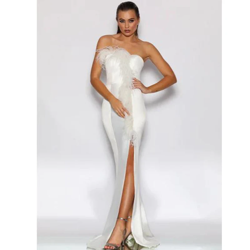 

ENOCH Strapless Mermaid Prom Dresses Backless Feather Tassel Party Dresses Robes Side Split De Soirée For Women Custom Made