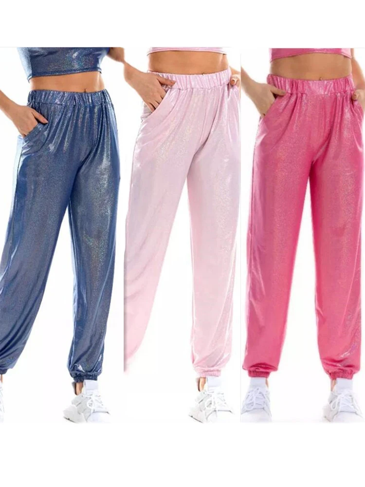 

YSDNCHI Women Punk Hip Hop Pants Streetwear Harajuku Club Shiny Trousers Gothic High Waist Jogger Pockets Sexy New