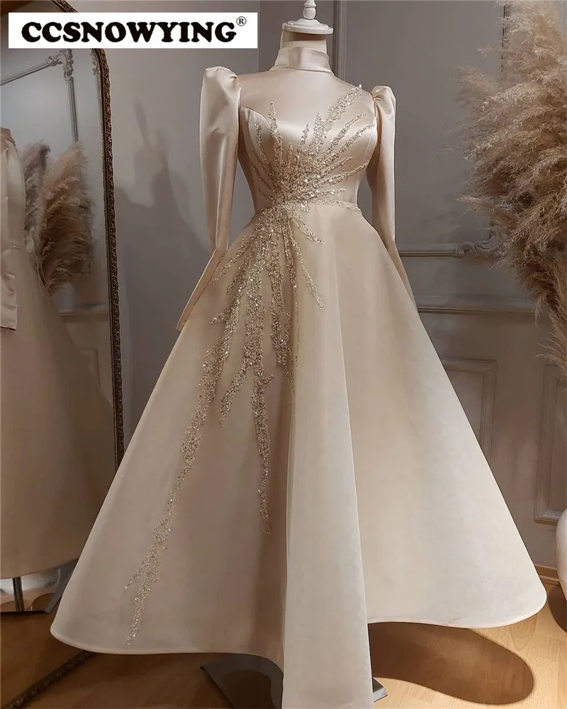 

Champagne Organza Beaded Muslim Evening Dresses Arabic Dubai Long Sleeve Prom Formal Party Gown Moroccan Caftan Robes De Soirée