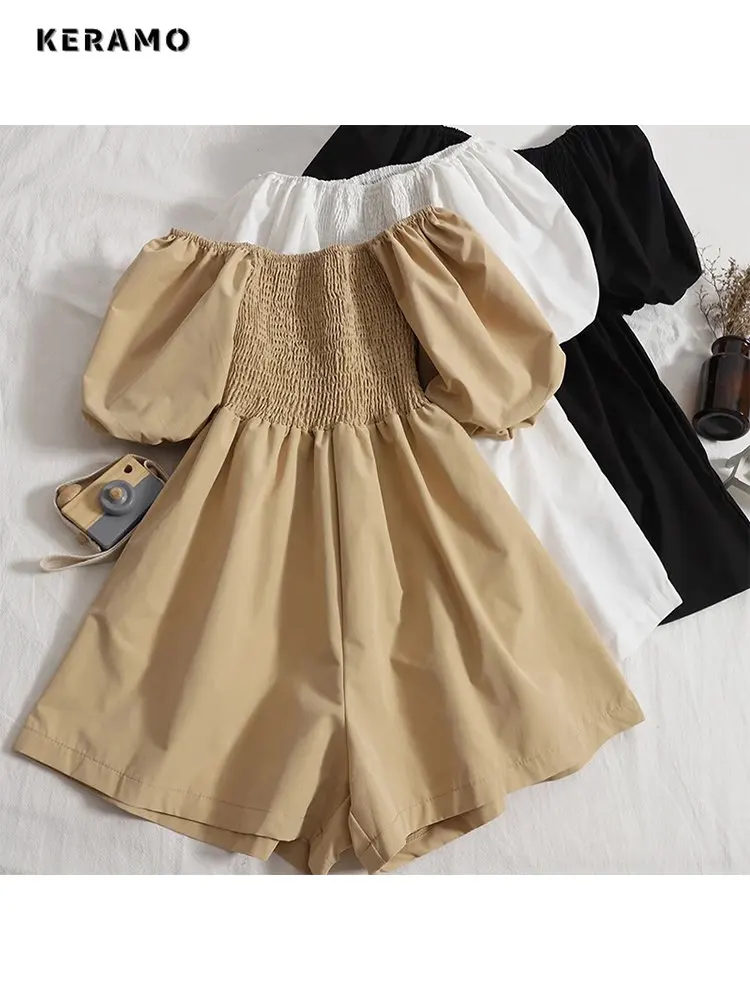 

2023 Summer Elegant Puff Sleeve Solid Color Chiffon Jumpsuits For Women Vintage Loose Off Shoulder Wide Leg Romper Evening Dress