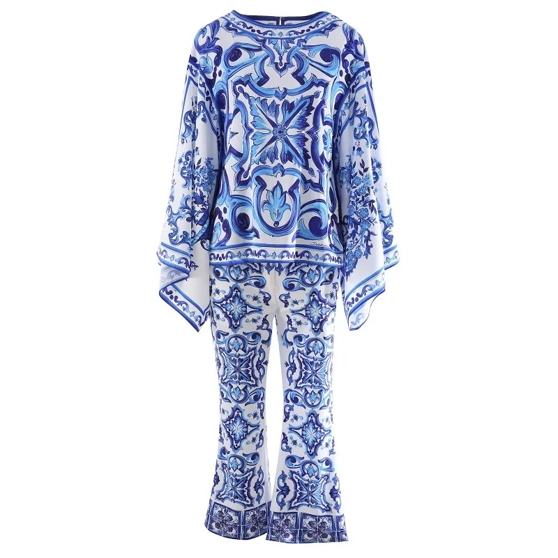 

Tops Fashion Clothing Sets 2022 Autumn 2 Piece Set Women Vintage Prints Cape Poncho Tops Blouse+Skinny Pants & Capris Set Female