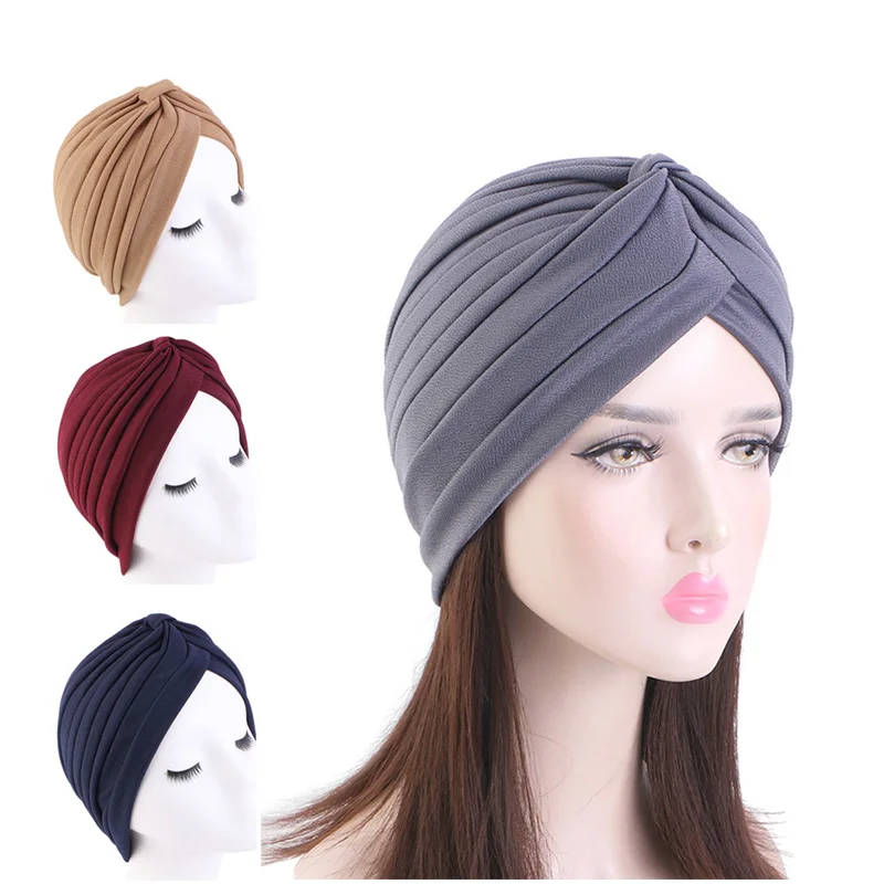 Muslim Indian Hat Fashion Solid African Hat Women's Knotted Headbands 2022 Stretchy Bandanas Chemo Indian Cap Hair Accessories