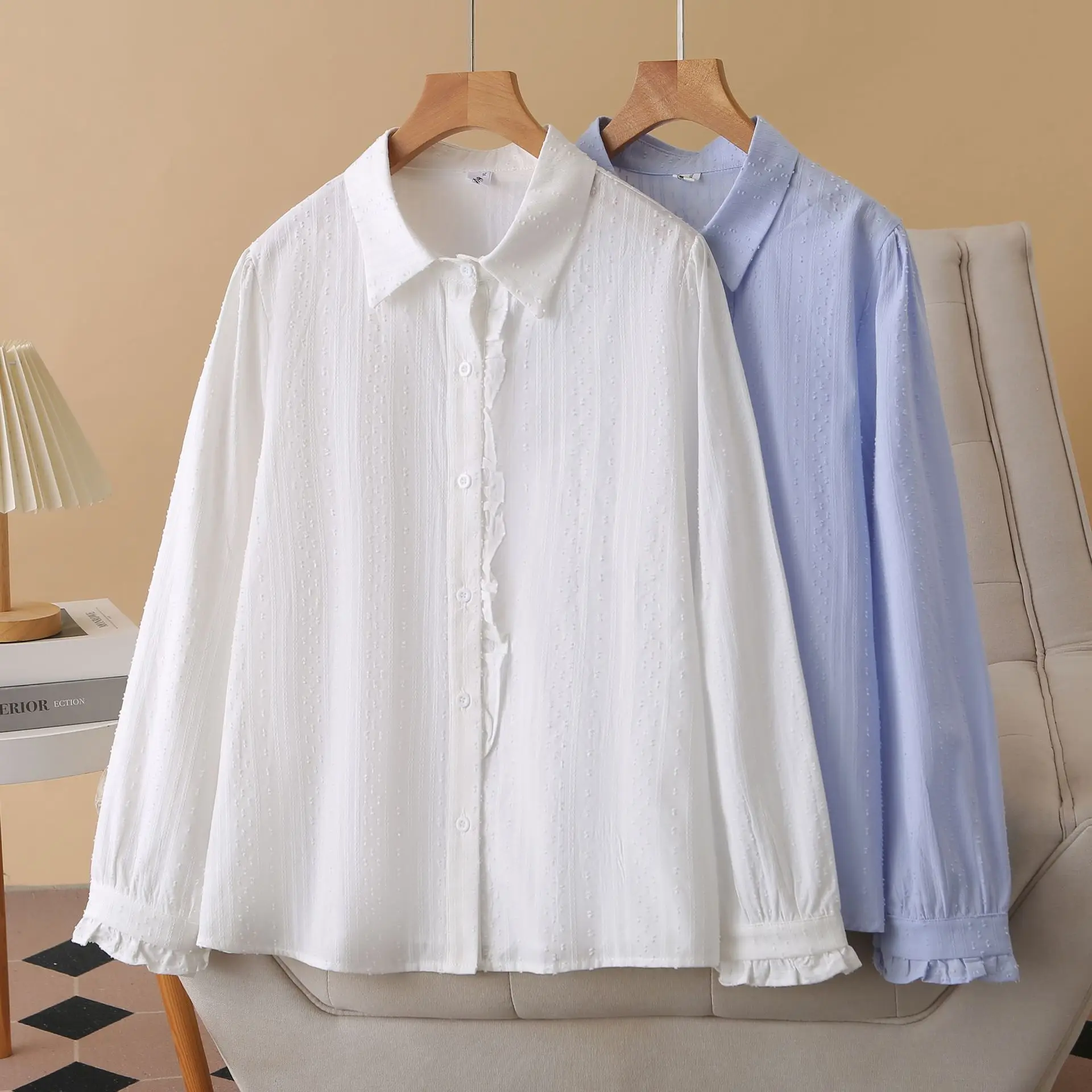 XXXXL Fashion Plus Size Women's Blouses Stylish Long Sleeved Cotton Jacquard Shirt With Ruffled Wear In Autumn 3073