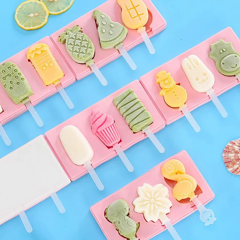 Silicone Ice Cream Mold with Lid, Animals Shape Jelly Mold, Children Handmade DIY Dessert Popsicle Ice Grid with Popsicle Stick