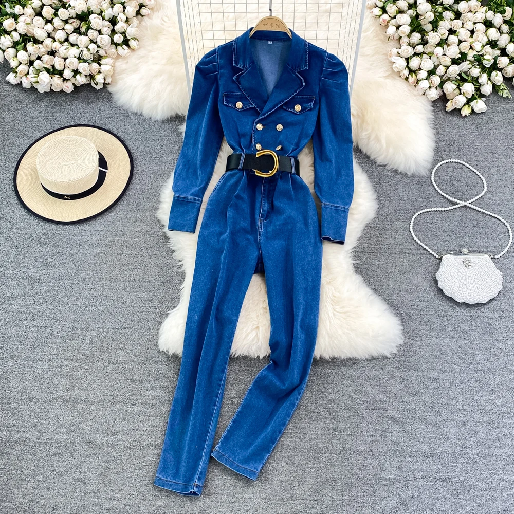 

2022 Spring Vintage Double Breasted Jumpsuit Women's Waist Closing Bubble Sleeve Long Sleeve Suit Collar Cowboy Jumpsuit