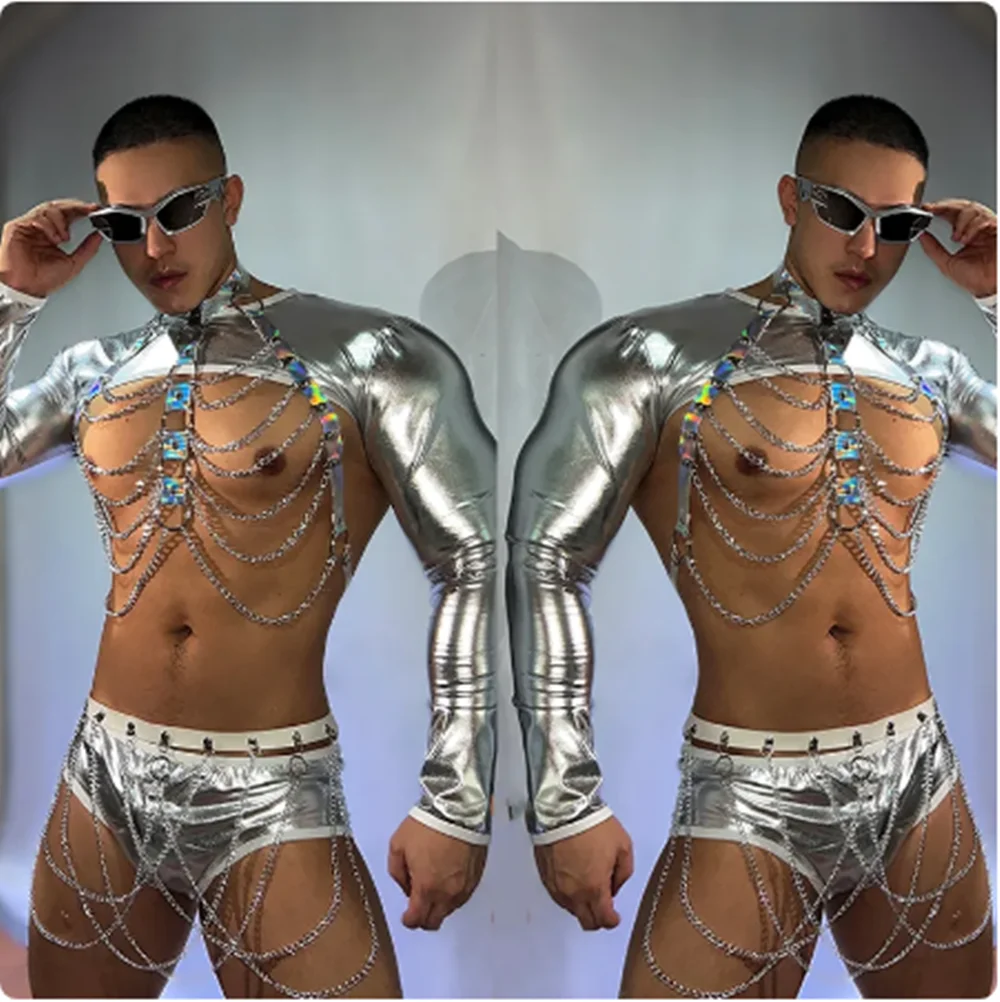 

Male Pole Dance Costume Silver Tops Shorts Chest Chain Clubwear Bar Sexy Muscle Man Gogo Dancer Performance Clothes