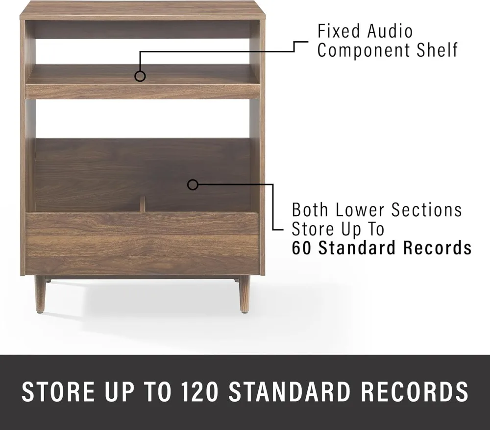 Mid Century Modern Turntable Stand with Vinyl Storage, Walnut Finish, Adjustable Legs