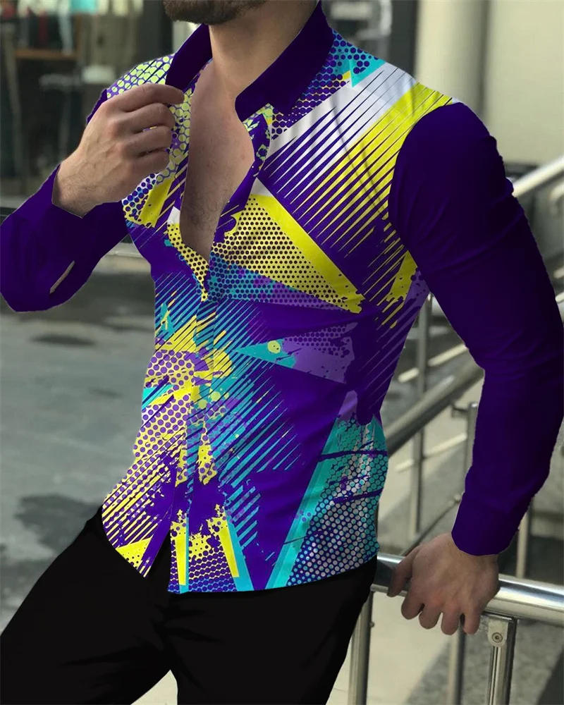 Shirt Men's Geometric Color Graffiti Lapel Button Long Sleeve Top Casual Party Outdoor Sports Soft Comfort Plus Size 2023 fendt 2023 men s high quality printed gym clothes thin section comfort breathable hoodie sweatpants zippered sports suit