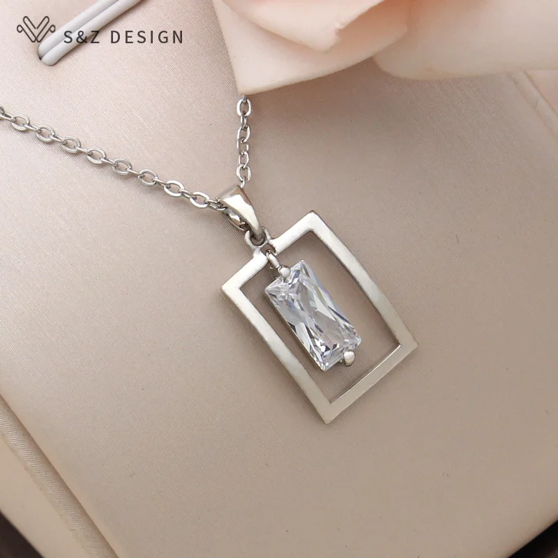 S&Z DESIGN New Fashion Temperament 585 Rose Gold Color Rectangle Cubic Zirconia Pendant Necklace For Women Trendy Fine Jewelry