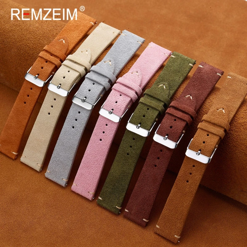 Vintage Suede Leather Watch Strap in Assorted Colors - Pink, Beige, Brown