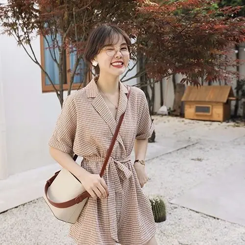 Rompers Lace-Up Women Vintage GrayDeign Chic Summer Loose Wide-Leg Office Lady Playsuits Clothing Popular Korean Elegant Grils
