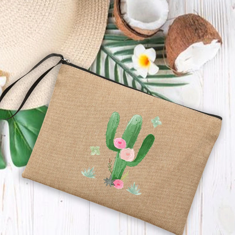 Cactus Print Linen Bag Women Makeup Bags Summer Outdoor Beach Handbags Female Cosmetic Storage Pouch Travel Wash Organizer Gifts 4