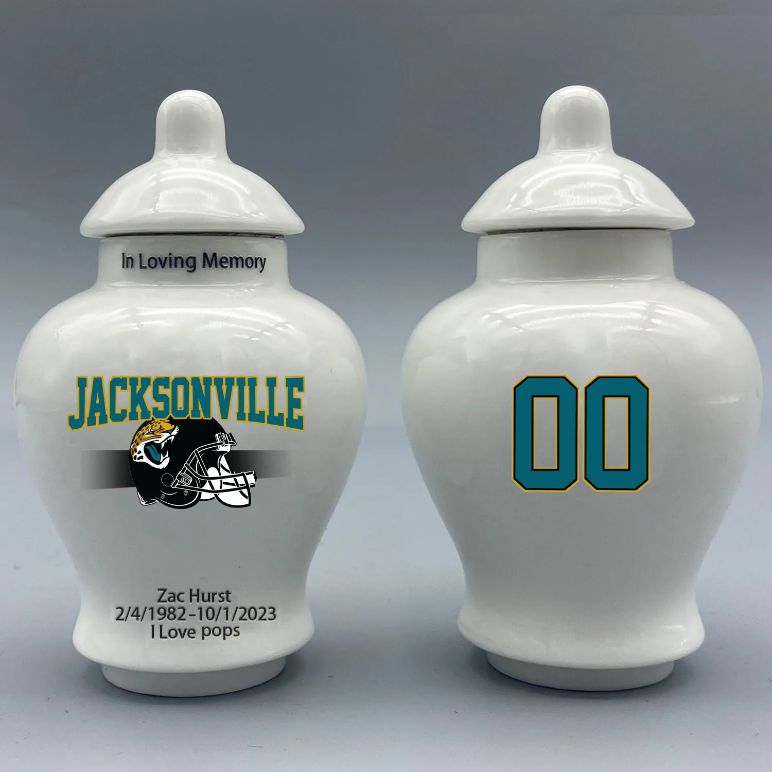 

Mini Urn for Jacksonville Jaguars-themed Logo Urn.Please send me the customization information - name/date and number on the urn