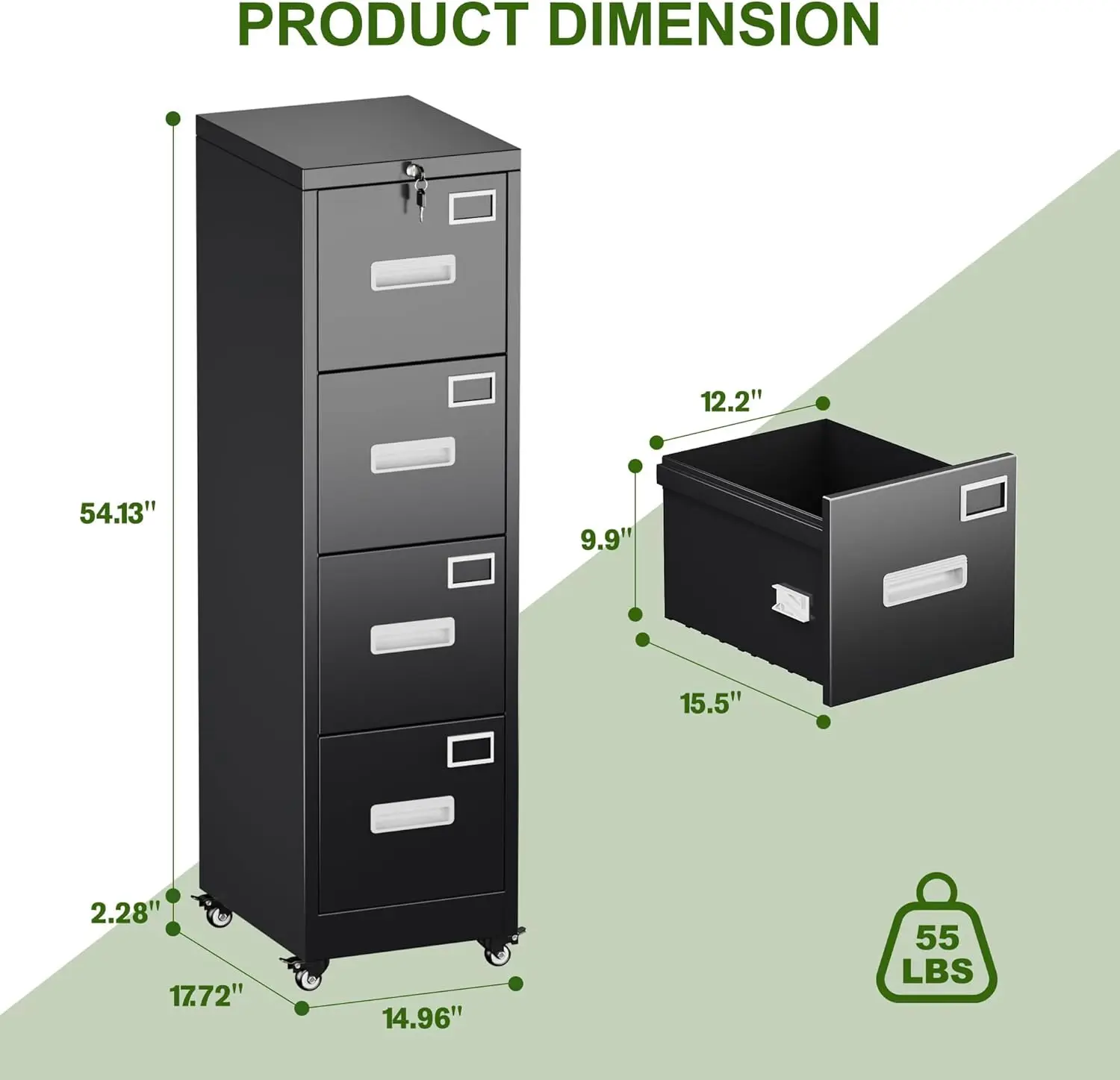File Cabinet 4 Drawer with Wheels,Lockable Office Metal Filing Cabinet with Name Card for Office and Home,Assembly Required,
