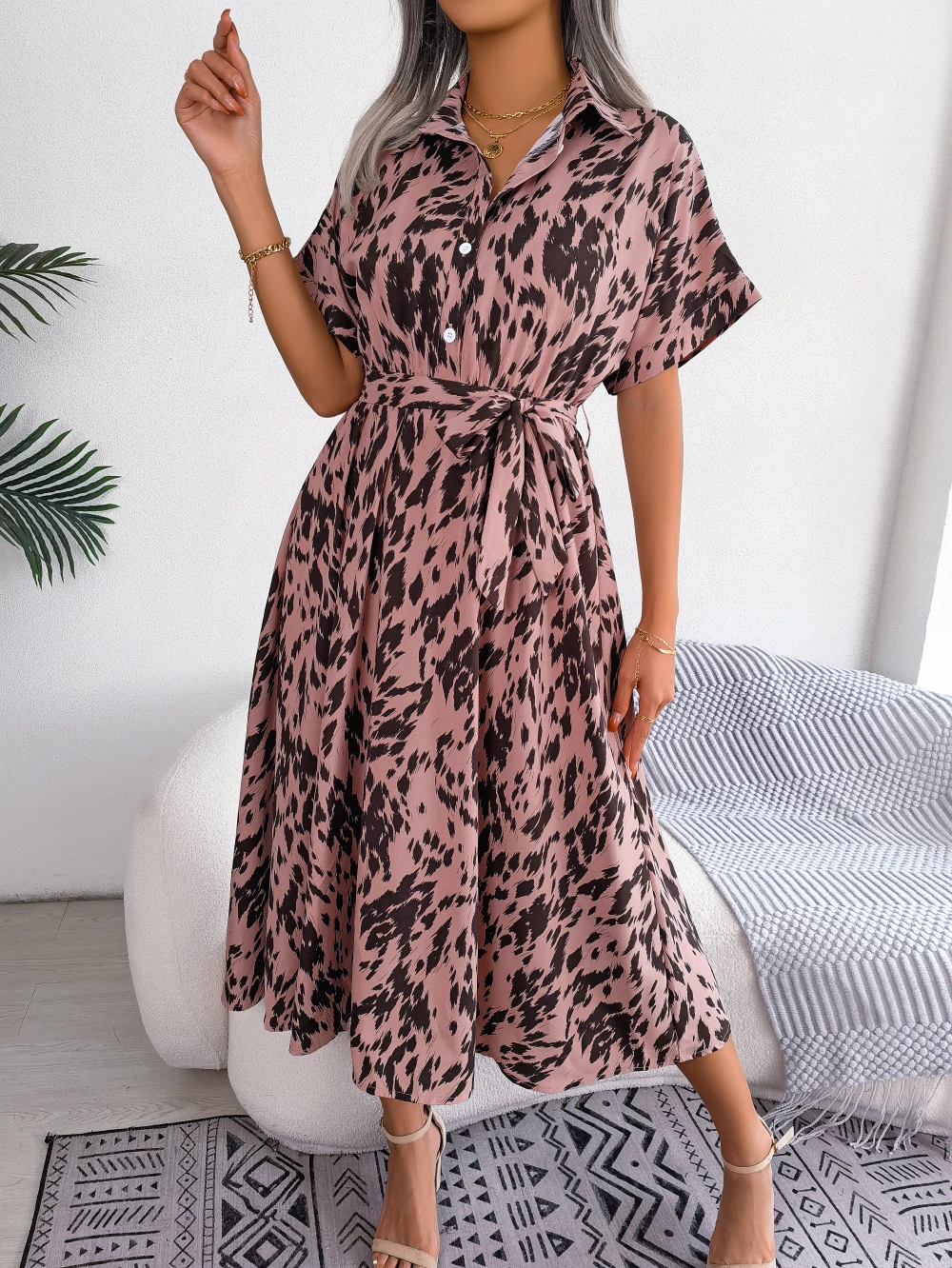 Women Casual Leopard Print Batwing Sleeve Buttons Slim Waist Long Shirt Dress For Summer