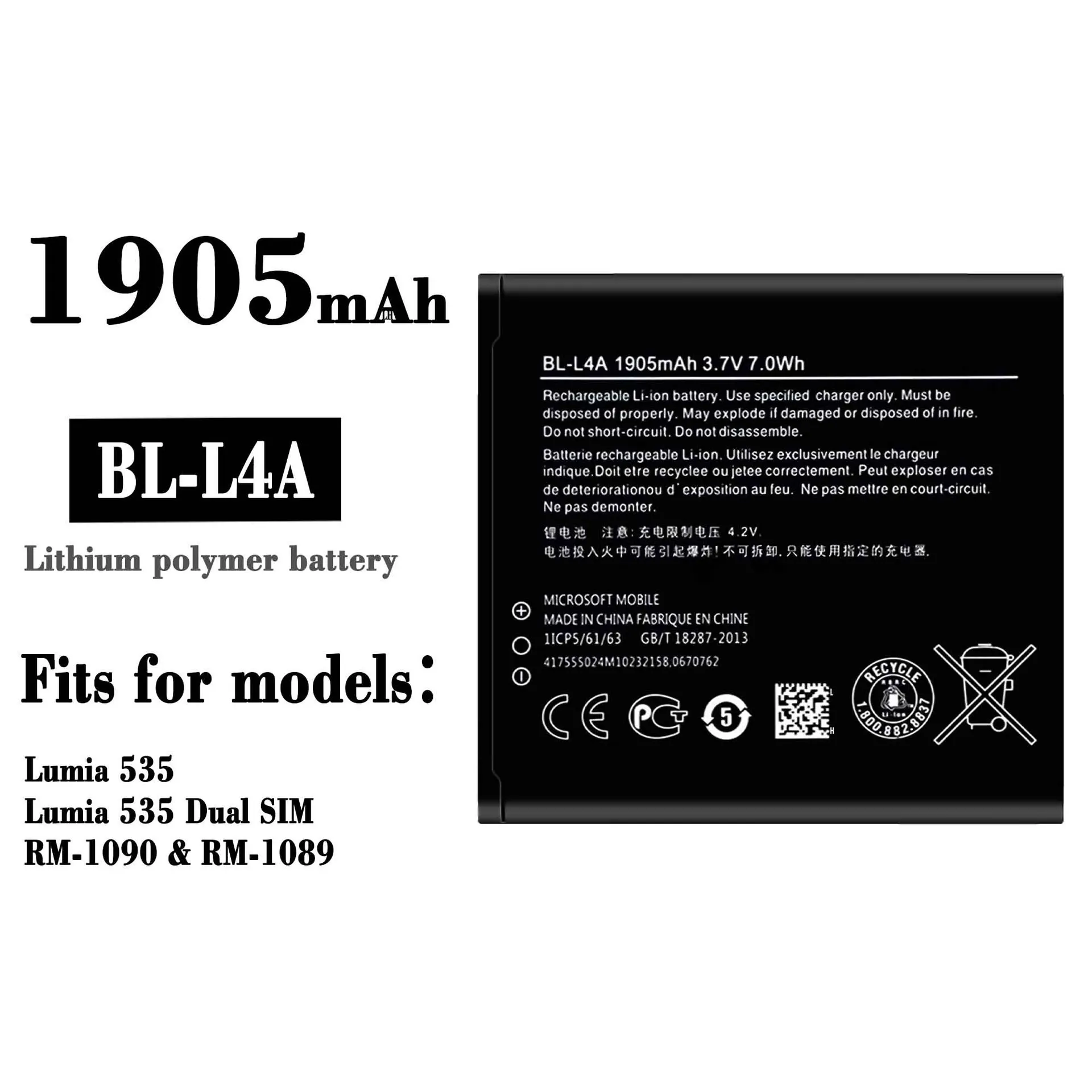 

100% High Quality Replacement Battery For Nokia 535 1090 1089 535DUAL BL-L4A Mobile Phone Large Capacity New Batteries