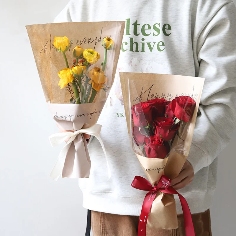 Single Rose Sleeves Flower Wrapping Bag Bouquet Packaging Bags Clear Cellophane Floral Wrappers for Valentine's Day