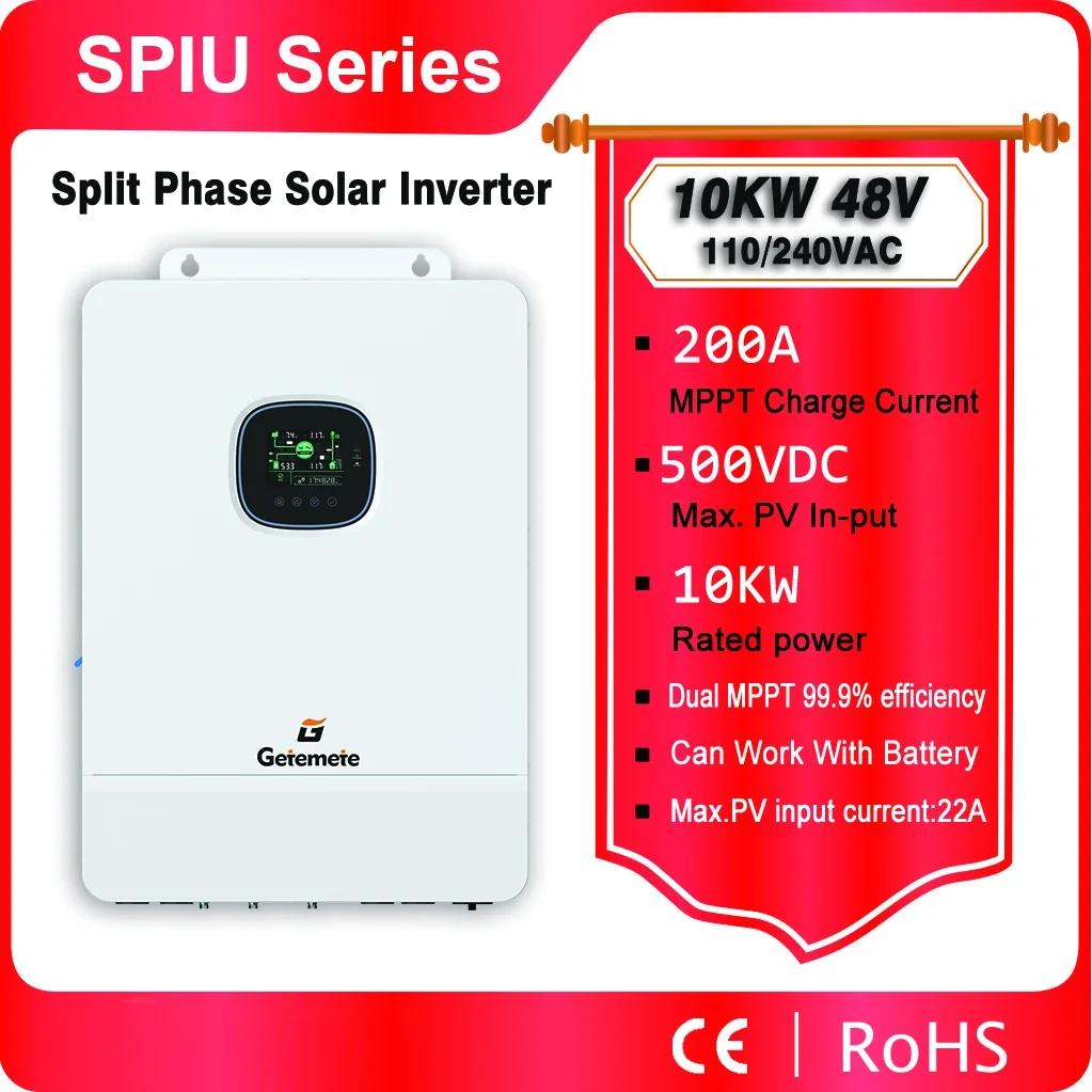 

Getemete 10KW 48V 110/240VAC Max PV 500V Hybrid Solar Inverter Support Split-phase/single-phase Dual MPPT Max 22A Charge Current