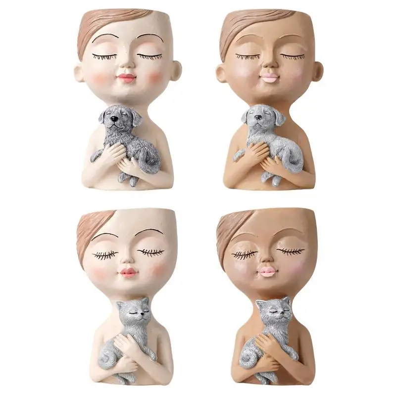 

3D Face Flower Pots Cute Lady Face Plant Pots With Closed Eyes Unique Plant Holding Cat And Dog Container Interiors Desktop Arts