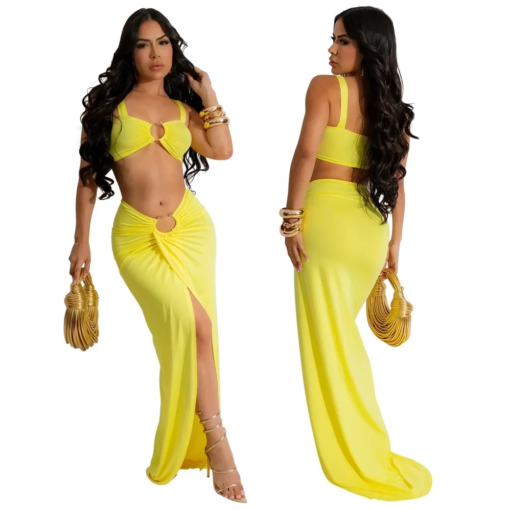 Women's Set Sleeveless Crop Top + Long Split Skirts Suit 2024 Summer Hollow Out Streetwear Beach Sexy Two 2 Piece Sets
