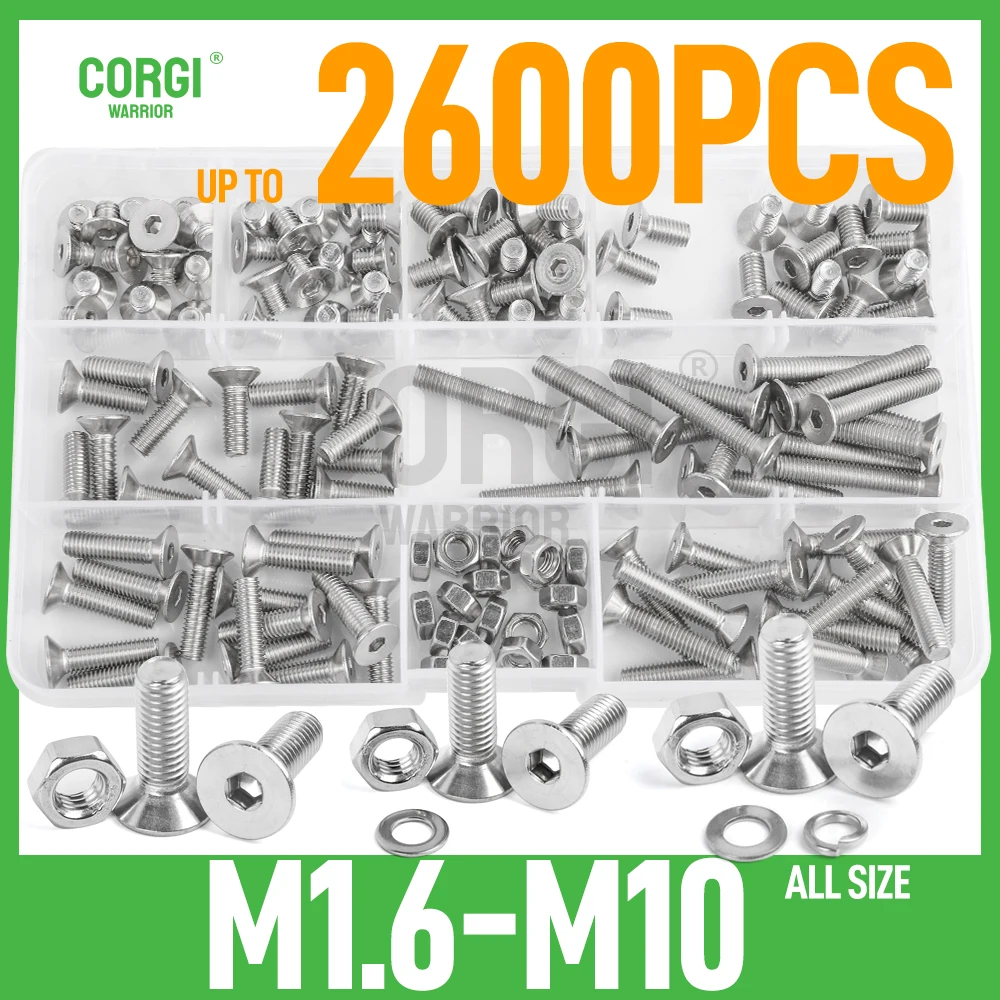 

Flat Head Hex Socket Cap Screws Bolts Assortment Kit M1.6 M2 M2.5 M3 M4 M5 M6 M8 M10 35-2600p 4-50 mm Stainless Steel Screw Nuts