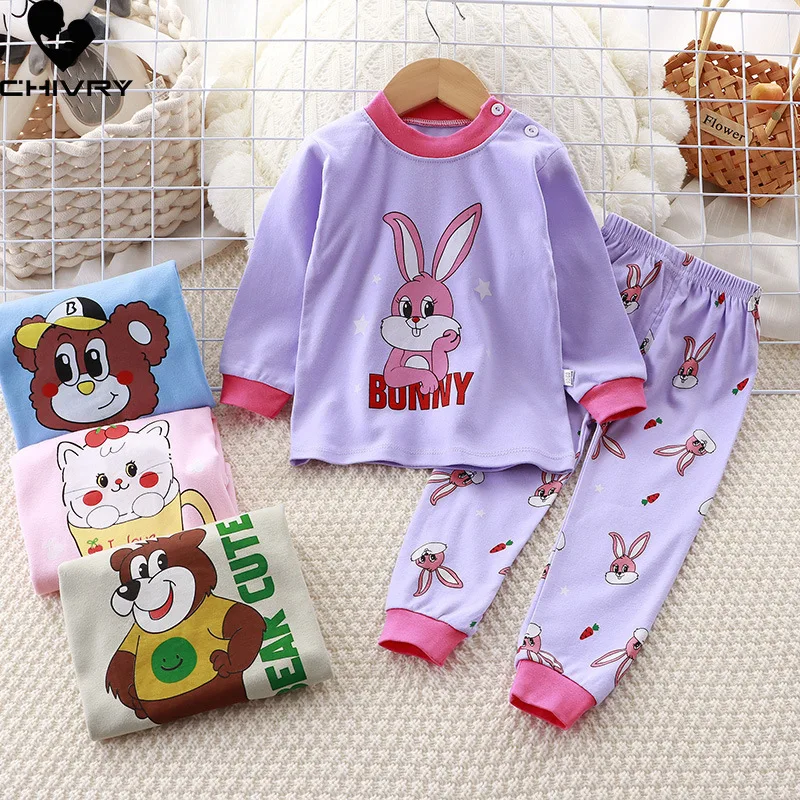 2023 New Kids Boys Girls Pajama Sets Cartoon Print Long Sleeve Cute T-Shirt Tops with Pants Toddler Baby Sleeping Clothing Sets