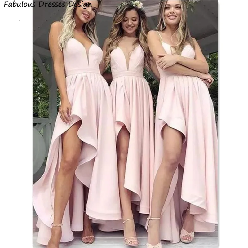 

Pink Satin Long A-line Bridesmaid Dresses Sexy Sheer Deep V-neck Slit Spaghetti Straps Wedding Party Dress For Women Prom Gown