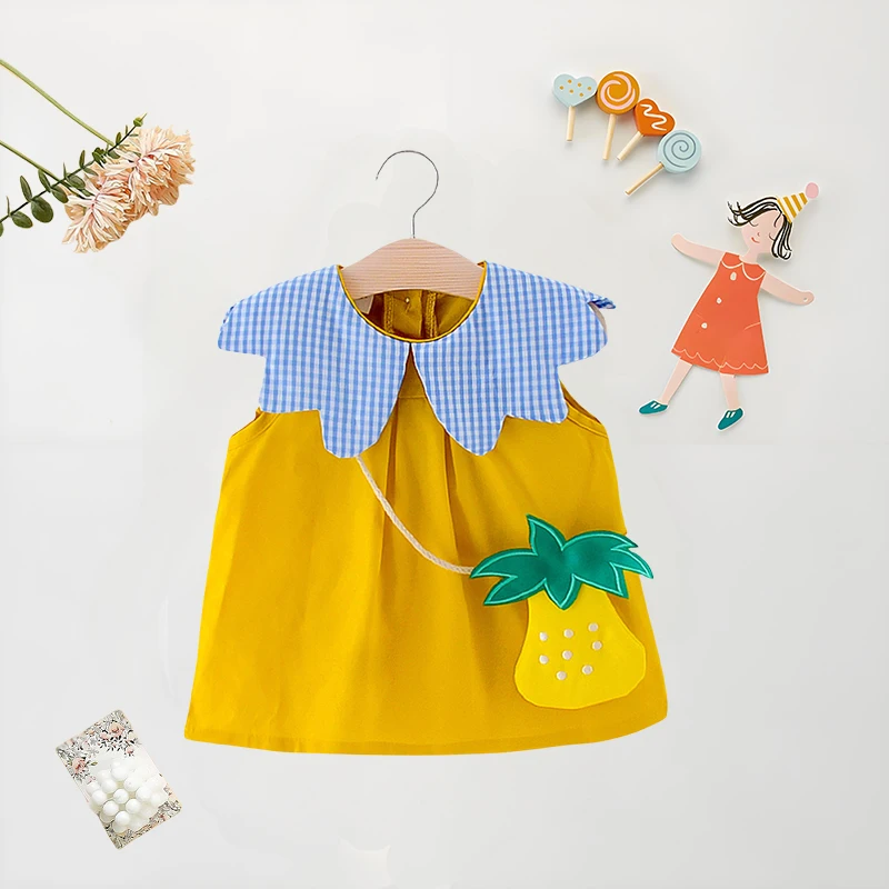 Summer Baby Girl Dress+Bag 2 Pcs Plaid Big Collar Solid Color Dress Cute Loose Cotton Comfortable Sleeveless Dress girls dress baby girl dress